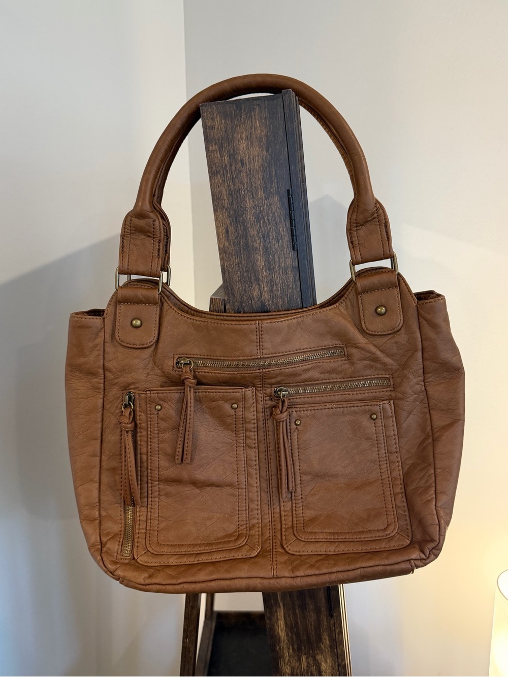 Bueno Brown Faux Leather Tote Bag with Front Zip Pockets